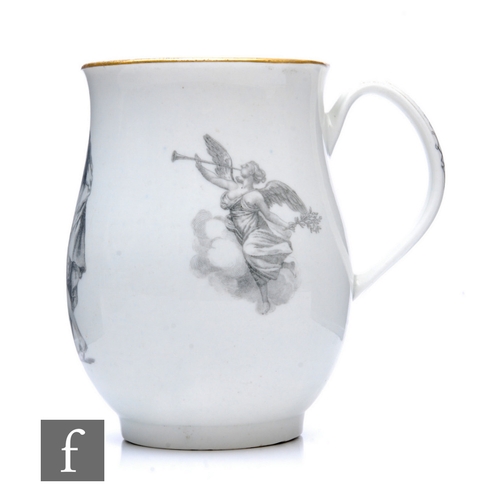 225 - An 18th Century Worcester tankard circa 1769, of footed bell form with ribbed loop handle, transfer ... 