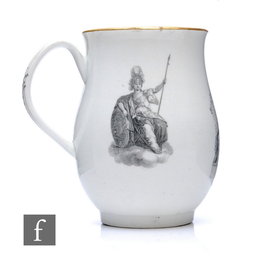 225 - An 18th Century Worcester tankard circa 1769, of footed bell form with ribbed loop handle, transfer ... 