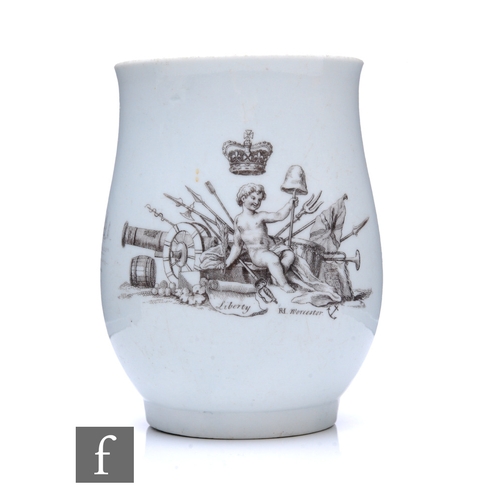 226 - An 18th Century Worcester tankard circa 1759-1760, of footed bell form with ribbed loop handle, prin... 