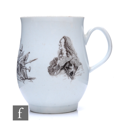 226 - An 18th Century Worcester tankard circa 1759-1760, of footed bell form with ribbed loop handle, prin... 