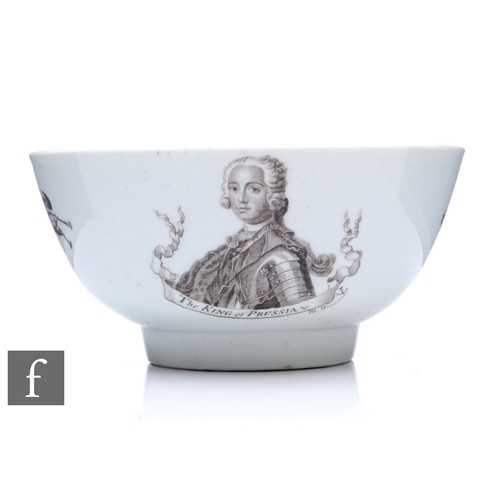 227 - An 18th Century Worcester bowl of footed circular form circa 1757, printed in black with the King of... 