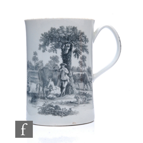 229 - A large 18th Century Worcester mug, circa 1760-65, the straight sided body with ribbed loop handle, ... 