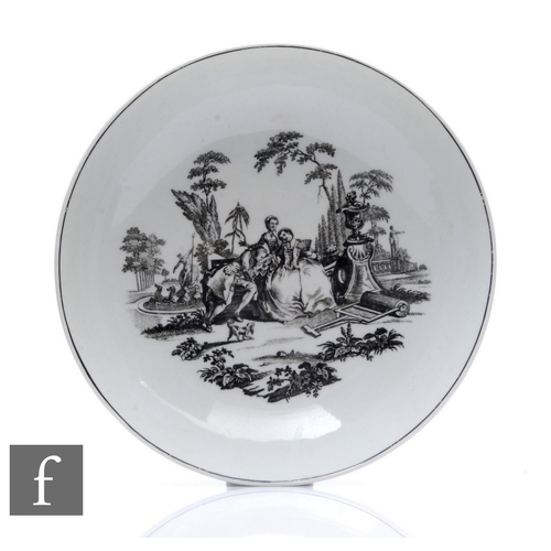 230 - A large 18th Century Worcester shallow circular dish circa 1760, printed in black with a transfer pr... 