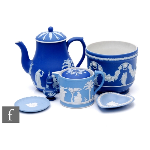 313 - A collection of 19th Century and later Wedgwood Jasperware in blue dipped and body colour, to includ... 