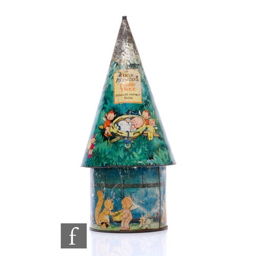 65 - A 1930s Mabel Lucie Attwell 'Fairy Tree' tinplate money box for Crawfords biscuits, transfer printed... 