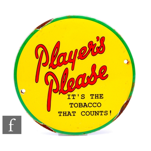 73 - A circular enamel advertising sign, 'Player's Please, it's the tobacco that counts' on a yellow grou... 