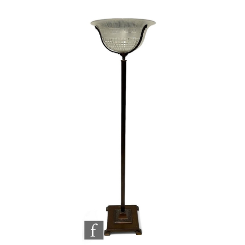 999 - A late 1920s to early 1930s Art Deco style standard lamp and shade, reeded column to a square base a... 