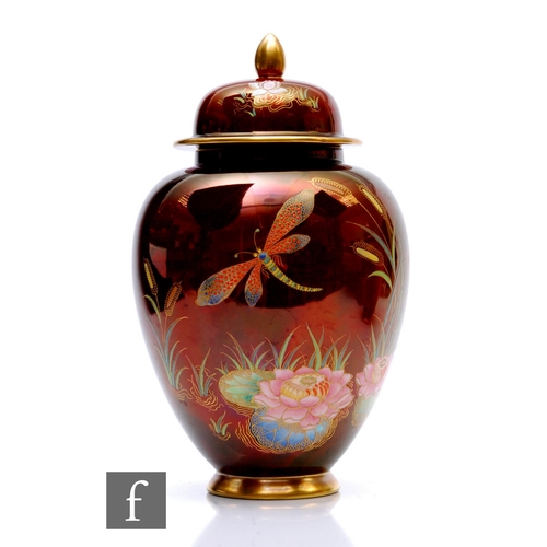 103 - A 1930s Carlton Ware shape 311 ginger jar and cover decorated in the Dragon Fly pattern, with insect... 