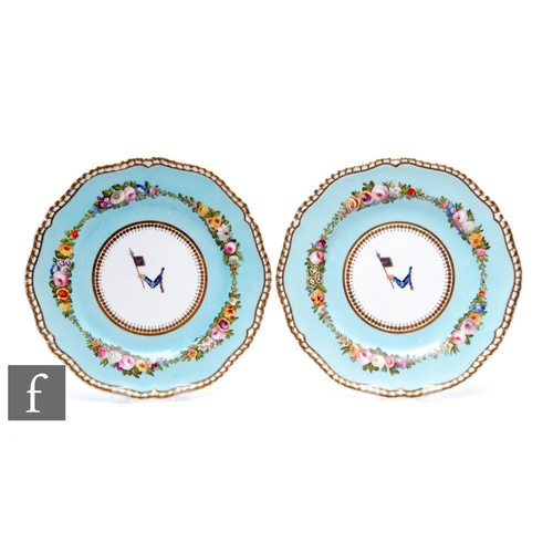 155 - A pair of late 19th Century Spode porcelain plates, the central well decorated with a hand enamelled... 