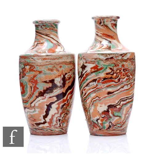 246 - A pair of late 19th Pichon Agateware vases of shouldered ovoid form with drawn collar necks, decorat... 