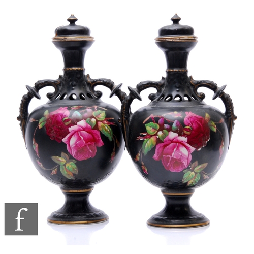 257 - A pair of late 19th Century Staffordshire vases by John Tams, the pedestal body with open foliate ha... 