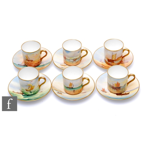 309 - A set of six Leighton Maybury porcelain coffee cans and saucers, each hand painted with scenic views... 