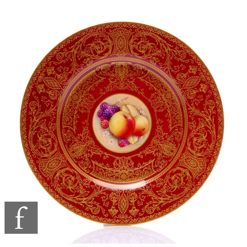 72 - A later 20th Century Royal Worcester Fallen Fruits cabinet plate, the central round hand enamelled w... 