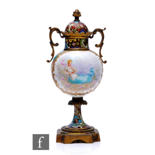 254 - A 19th Century French porcelain vase of spherical form, hand enamelled with a lady in classical dres... 