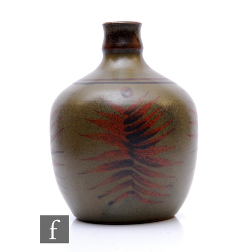 277 - A post war Studio Pottery vase of shouldered form with a waisted collar neck, decorated with stylise... 