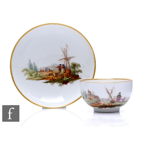 168 - A late 18th Century Meissen porcelain tea cup and saucer, the circular cup with loop handle, hand en... 