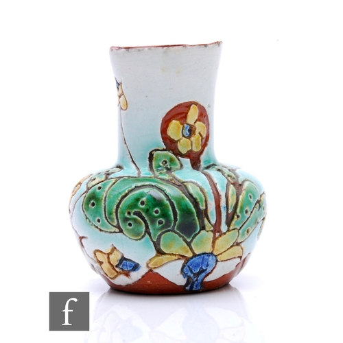 271 - A late 19th Century miniature Carlo Manzoni vase of compressed ovoid form with collar neck, slip cas... 