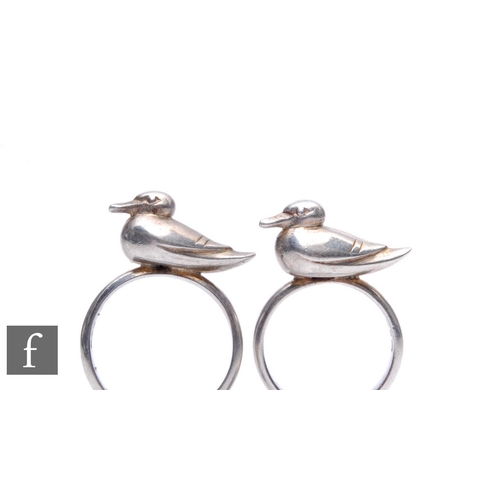 186 - Two hallmarked silver rings each with a study of a duck, ring size P and L, London 1979 and 1978 res... 