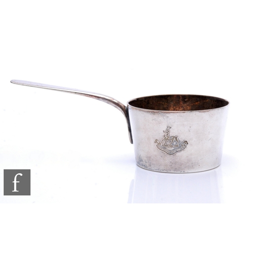 371 - A silver plate brandy warming pan engraved with a stag above 'sapiens dominabitoria astris'.