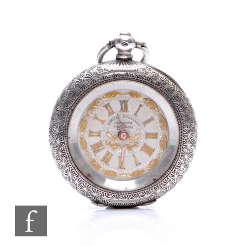 379 - A ate 19th Century continental cased silver key wind fob watch, Roman numerals to a silver and gilt ... 