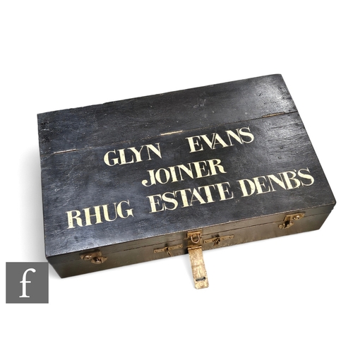 383 - An early 20th Century painted wooden carpenter's tool chest, named 'Glyn Evans Joiner, Rhug Estate, ... 