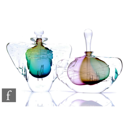 505 - A later 20th Century Chris Comins studio glass scent bottle, of compressed winged form cased in text... 