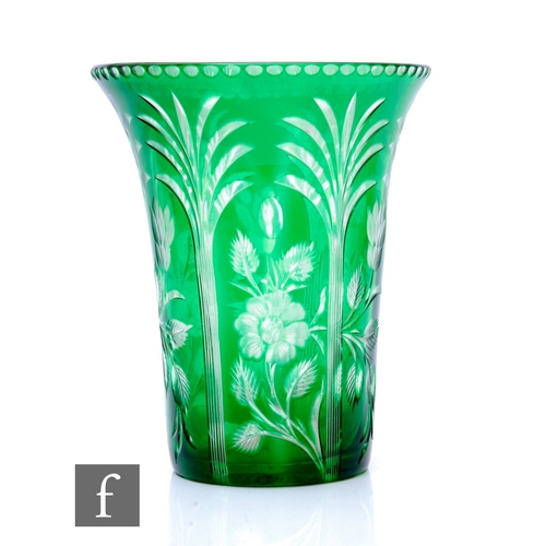 336 - An early 20th Century Stevens & Williams green cased and flash cut vase of flared tumbler form, ... 