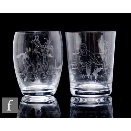 355 - A Stourbridge clear crystal swollen tumbler with later engraved hunting scene, height 10cm, together... 