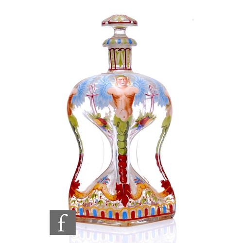 382 - A 19th Century clear crystal ‘Scrooge’ form decanter with collar neck, hand enamelled with winged fi... 