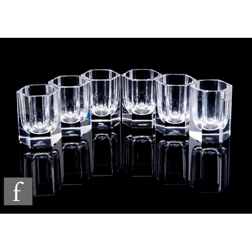 498 - Six 20th Century Moser clear crystal tumblers, of cylinder form with facet cut panels, acid mark, in... 