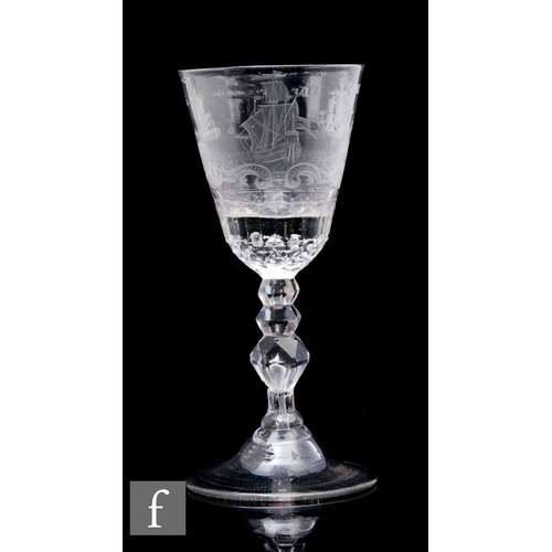 506 - A 19th Century clear crystal drinking glass, the round funnel bowl above a multi knopped facet stem ... 