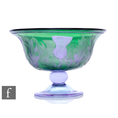 564 - A later 20th Century Lorraine Keith double cased glass bowl, of footed and flared form, in the Thist... 