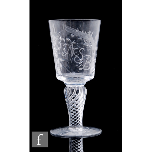 343 - An early 20th Century clear crystal drinking glass, the bucket form bowl engraved with an 18th Centu... 