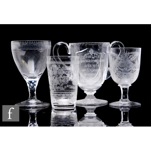 525 - A collection of 19th and 20th Century glass, to include a drinking glass with large ovoid bowl with ... 