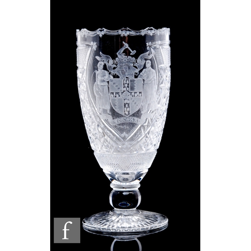 430 - A 20th Century clear crystal vase of footed tapered sleeve form, engraved with the armorial for Birm... 