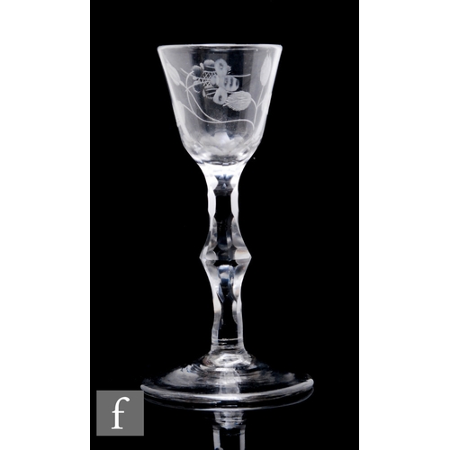 456 - An 18th Century Jacobite drinking glass circa 1775, the small round funnel bowl engraved with a rose... 