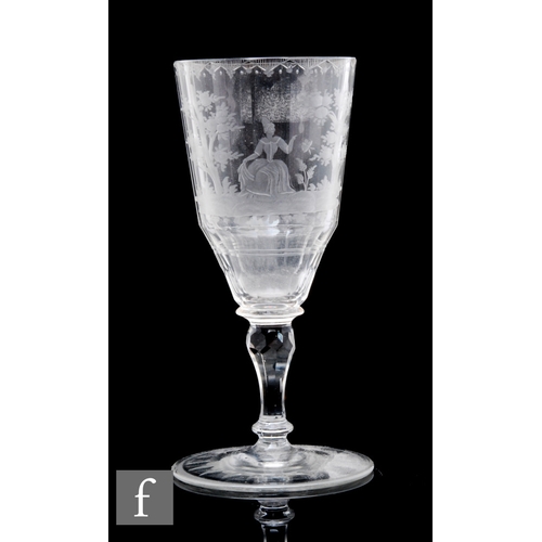 458 - A 19th Century continental Lauenstein drinking glass, the slice cut body engraved with a lady to a l... 