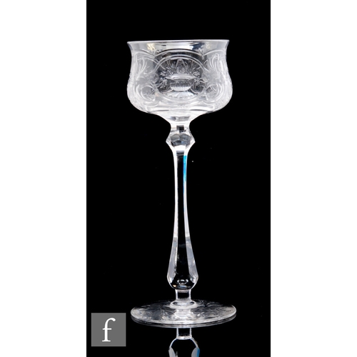 492 - An early 20th Century Thomas Webb & Sons clear crystal wine glass, the cup form bowl with everte... 