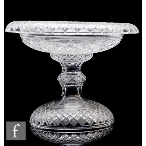 466 - A 19th Century clear crystal pedestal bowl, possibly Richardsons, cut and polished with a repeat dia... 