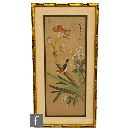 911 - CHINESE SCHOOL (LATE 20TH CENTURY) - A bird perched on a flowering branch, watercolour on silk, fram... 