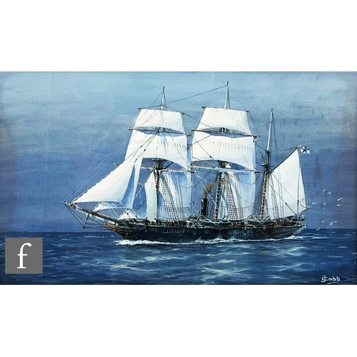 925 - J. COBB (CONTEMPORARY) - 'R.M.S. Mauretania', gouache, signed, framed, 9cm x 30.5cm, frame size 37cm... 