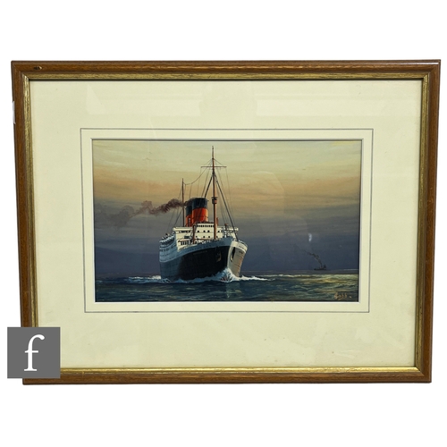 925 - J. COBB (CONTEMPORARY) - 'R.M.S. Mauretania', gouache, signed, framed, 9cm x 30.5cm, frame size 37cm... 