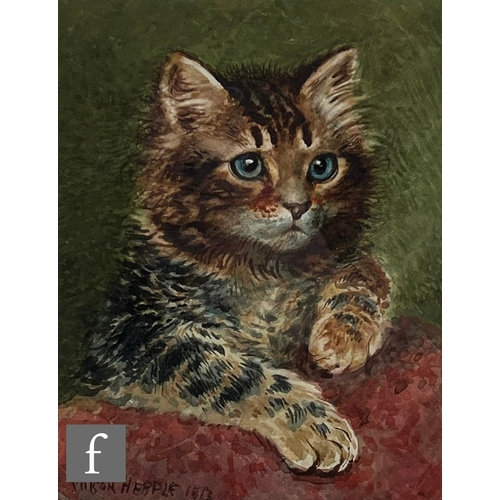 929 - WILSON HEPPLE (1854-1937) - Tabby cat on a cushion, watercolour, signed and dated 1913, framed, 17cm... 