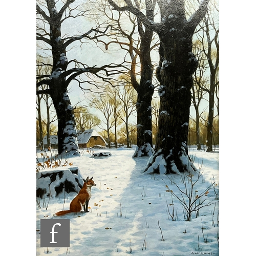 932 - GLYN WILLIAMS (CONTEMPORARY) - A fox in a snowy landscape, oil on board, signed, framed, 25cm x 17cm... 