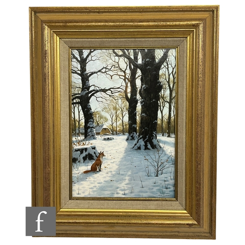 932 - GLYN WILLIAMS (CONTEMPORARY) - A fox in a snowy landscape, oil on board, signed, framed, 25cm x 17cm... 