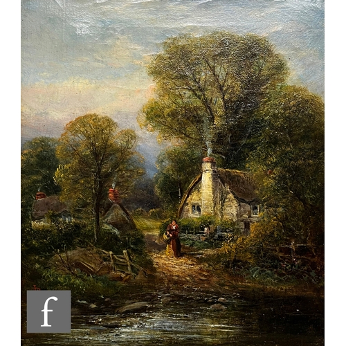 933 - ENGLISH SCHOOL (LATE 19TH CENTURY) - A woman on a path beside a thatched cottage, oil on canvas, sig... 