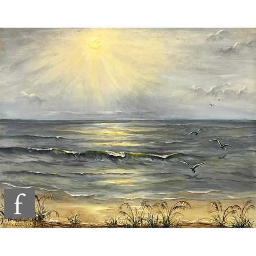 936 - MARY COULTER (AMERICAN, 1880-1966) - 'Morning', coastal scene with seagulls and rising sun, oil on c... 