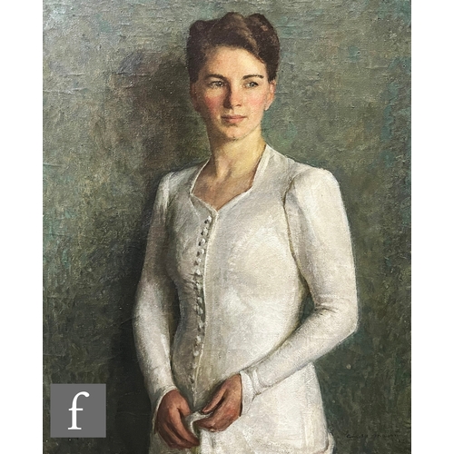 ARNOLD MASON (1885-1963) - 'Mrs. Philip Powell', portrait of a young lady wearing a white dress, oil on canvas, signed and dated 1927, framed, 91cm x 70cm, frame size 11cm x 90cm.