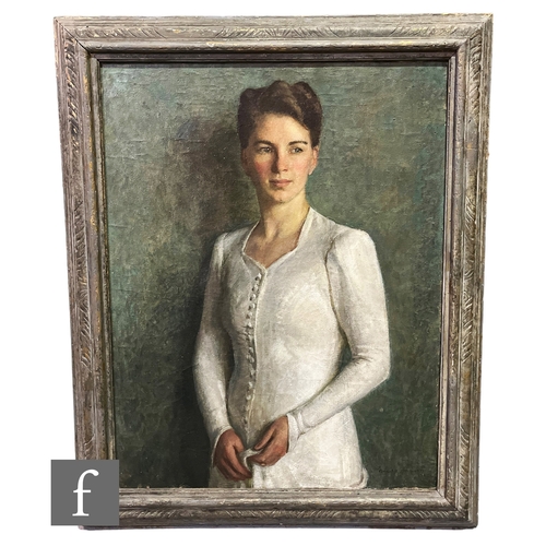 941 - ARNOLD MASON (1885-1963) - 'Mrs. Philip Powell', portrait of a young lady wearing a white dress, oil... 