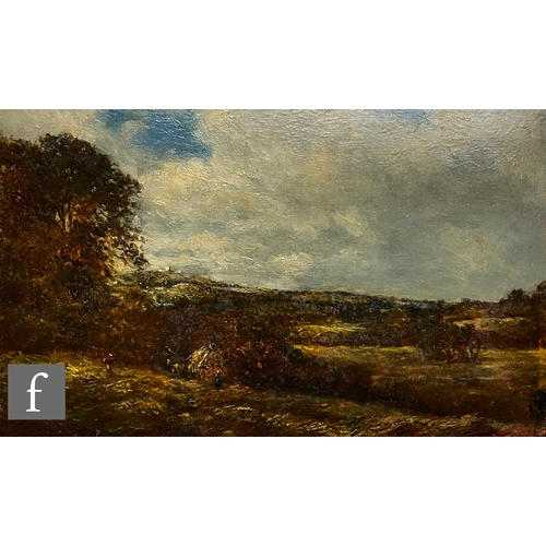 945 - FOLLOWER OF DAVID COX, OWS (1783-1859) - 'Haymaking', oil on board, framed, 27cm x 45cm, frame size ... 